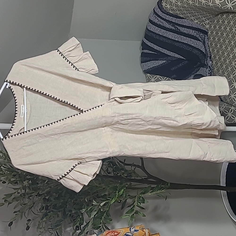 Linen Moon River Cream Mini Dress with Black Trim